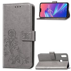 Custodia in pelle con motivo fiori pressati Lucky Clover per ASUS ZB633KL, con supporto, slot per schede, portafoglio e cinturino da polso (grigio)