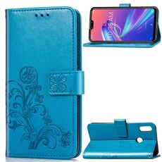 Custodia in pelle con motivo fiori pressati Lucky Clover per ASUS ZB633KL, con supporto e slot per schede e portafoglio e cinturino da polso (blu)