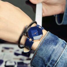 Orologio da polso al quarzo in pelle di cristallo con geometria taglio gemma Orologio alla moda per donna (blu)