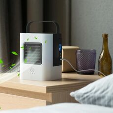 AC-01S Versione aggiornata 2W IDI Portatile Raffreddamento ad evaporazione ad alta efficienza energetica Mini Ventola per condizionamento d'aria Purificatore d'aria con 3 modalità di velocità e display a LED e maniglia per casa, ufficio, campeggio (nero)