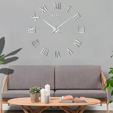 Camera da letto Decorazione domestica Senza cornice Numeri romani Grande adesivo da parete fai da te Orologio muto, Dimensioni: 100 * 100 cm (Argento)