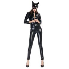 Costume di Halloween in pelle verniciata Cat Girl Neutro Sexy Abbigliamento da motociclista Performance sul palco Abbigliamento Cosplay, Taglia: M, Busto: 80-85 cm, Giro vita: 66-72 cm, Vestiti lunghi: 138 cm