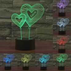 Luce LED di controllo dell'interruttore tattile 3D a palloncino a doppio cuore, 7 Lampada da scrivania con lampada da tavolo stereo visiva creativa con decolorazione a colori