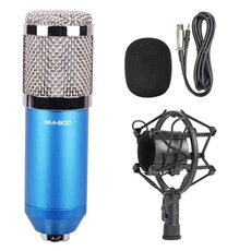 Microfono audio a condensatore cablato per registrazione da studio da 3,5 mm BM-800 con supporto antiurto, Compatibile con PC / Mac per Live Broadcast Show, KTV, ecc. (Blu)