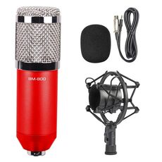 Microfono audio a condensatore cablato per registrazione da studio da 3,5 mm BM-800 con supporto antiurto, Compatibile con PC / Mac per Live Broadcast Show, KTV, ecc. (Rosso)