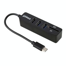 Lettore di schede TF e SD 2 in 1 + 3 porte USB a convertitore HUB USB-C / Type-C, lunghezza totale: 24 cm (nero)