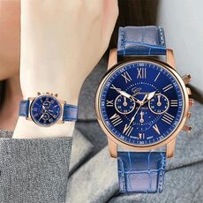 Orologio al quarzo con cintura imitazione a sei aghi a tre occhielli 2 pezzi per donna / uomo (blu)