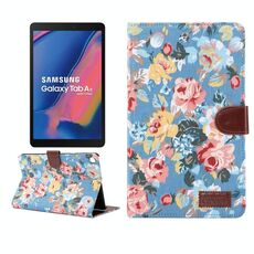 Custodia protettiva in pelle a vibrazione orizzontale per PC con struttura in tessuto a fiori per Galaxy Tab A 8 (2019) P200 / P205, con supporto e slot per schede, portafoglio e cornice per foto (blu)