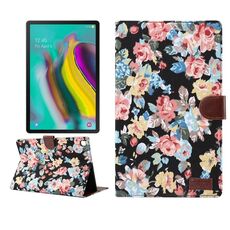 Custodia protettiva in pelle con vibrazione orizzontale per PC con struttura in tessuto a fiori per Galaxy Tab S5e T720 / T725, con supporto e slot per schede, portafoglio e cornice per foto (nero)