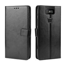 Custodia in pelle a ribaltamento orizzontale con struttura retrò Crazy Horse per Asus Zenfone 6 ZS630KL, con supporto, slot per schede e cornice per foto (nera)