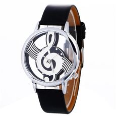 Orologio al quarzo con cinturino in pelle con quadrante a forma di notazione musicale per donna / uomo (nero)
