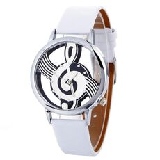 Orologio al quarzo con cinturino in pelle con quadrante a forma di notazione musicale per donna / uomo (bianco)