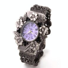 Orologio al quarzo da donna con bracciale fiore in rilievo retrò (viola)
