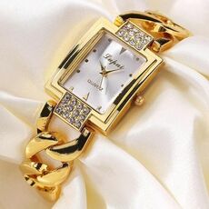 Orologio al quarzo con cinturino in lega cava placcato diamante con quadrante quadrato per donna (superficie bianca con cintura in oro)