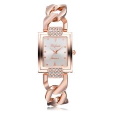 Orologio al quarzo da donna con cinturino in lega cava placcato diamante con quadrante quadrato (farina bianca in oro rosa)
