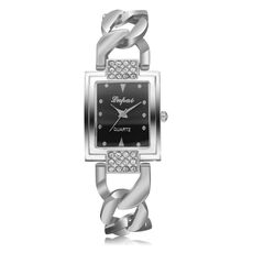 Orologio al quarzo con cinturino in lega cava placcato diamante con quadrante quadrato per donna (fascia nera con superficie nera)