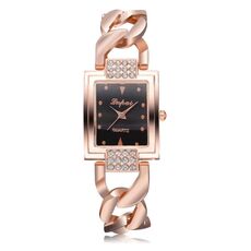 Orologio al quarzo con cinturino in lega cava placcato diamante con quadrante quadrato per donna (superficie nera in oro rosa)