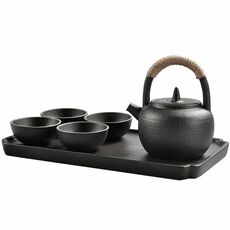 Set di tazze da tè portatile da viaggio in ceramica con manico ad anello con vassoio da tè (nero)