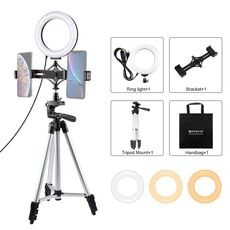 Supporto per treppiede PULUZ + staffa per doppio telefono per trasmissione live + kit di luci video per video vlogging con anello LED da 6,2 pollici da 16 cm