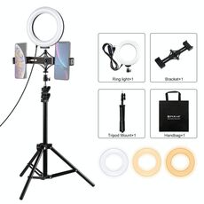 PULUZ Supporto per treppiede da 1,1 m + Staffa per doppio telefono per trasmissione live + Kit di luci video per video vlogging con anello LED da 6,2 pollici da 16 cm