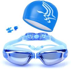Occhialini da nuoto impermeabili ad alta definizione antiappannamento con cuffia (blu)