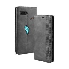 Custodia in pelle a vibrazione orizzontale con fibbia magnetica retrò, trama di cavallo pazzo per Asus ROG Phone II ZS660KL, con supporto, slot per schede e cornice per foto (nero)