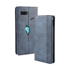 Custodia a vibrazione orizzontale in pelle con fibbia magnetica retrò, trama di cavallo pazzo per Asus ROG Phone II ZS660KL, con supporto, slot per schede e cornice per foto (blu)