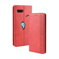 Custodia a vibrazione orizzontale in pelle con fibbia magnetica retrò, trama di cavallo pazzo per Asus ROG Phone II ZS660KL, con supporto, slot per schede e cornice per foto (rosso)
