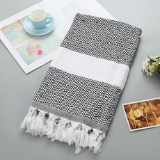 Asciugamano da bagno in cotone a righe con nappe da viaggio sottile da campeggio, sauna, spiaggia, palestra, coperta da piscina, assorbente facile da pulire (nero)