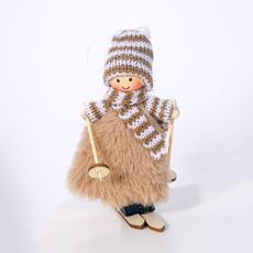 Ornamento per bambola da ragazza con sci in peluche di lana di Natale 2 pezzi (cachi)