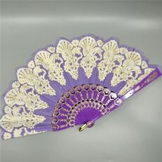 Ventaglio pieghevole in plastica stile spagnolo Ventaglio in pizzo pavone Ventaglio dorato da ballo, dimensioni: 23x42cm (viola)
