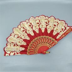 Ventaglio pieghevole in plastica stile spagnolo Ventaglio in pizzo pavone Ventaglio dorato da ballo, dimensioni: 23x42cm (rosso)
