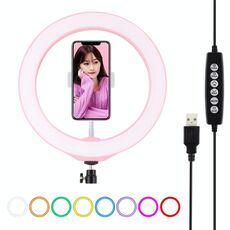 PULUZ 10,2 pollici 26 cm USB 10 modalità 8 colori RGBW dimmerabile LED Anello Vlogging Fotografia Luci video con scarpa fredda Treppiede Testa a sfera e morsetto per telefono (rosa)