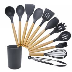 kn020 Utensile da cucina cucchiaio spatola antiaderente in silicone 11 in 1 manico in legno + set secchio