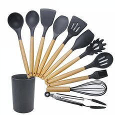 kn082 Set di utensili da cucina in silicone con manico in legno 11 in 1 con secchio (nero)