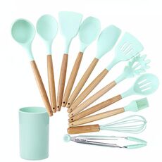 kn082 Set di utensili da cucina in silicone con manico in legno 11 in 1 con secchio (verde)