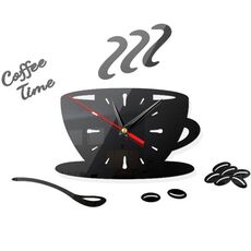Home DIY 3D Stereo Decorativo Moda Orologio da parete caffè Adesivo da parete specchio acrilico Orologio da caffè (nero)