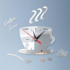 Home DIY 3D Stereo Decorativo Moda Orologio da parete caffè Adesivo da parete specchio acrilico Orologio da caffè (Argento)