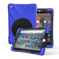 Per Amazon fire 7 (2017) (2019) PC con rotazione a 360 gradi + custodia protettiva in silicone con supporto e cinturino (blu scuro)