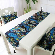 Tovaglietta da tavolo in cotone e lino in stile etnico con doppia bandiera stampata, dimensioni: 32x180 cm (blu)