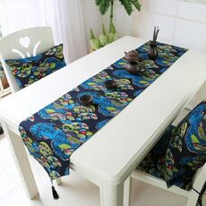 Tovaglietta da tavolo in cotone e lino in stile etnico con doppia bandiera stampata, dimensioni: 32x220 cm (blu)