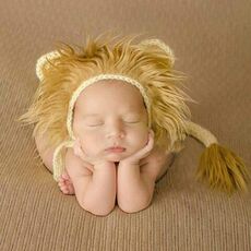 Fotografia neonato Cappello di cartone animato in lana di leone piccolo e puntelli per coda per 0-2 mesi (cappello + coda)