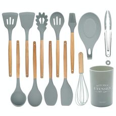 Set di posate da cucina resistenti al calore con manico in legno 13 in 1 Utensili da cucina con grande contenitore