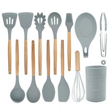 Set di posate da cucina resistenti al calore con manico in legno 13 in 1 Utensili da cucina con piccolo contenitore