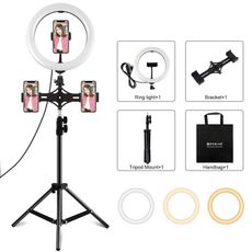 Staffe per doppio telefono PULUZ Supporto orizzontale + Supporto per treppiede da 1,1 m + Kit di trasmissione dal vivo con luce video per vlogging a LED da 26 cm da 10,2 pollici (nero)
