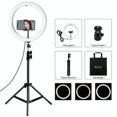 PULUZ 11,8 pollici 30 cm Luce + 1,1 m Supporto per treppiede Superficie curva USB 3 modalità Dimmerabile Doppia temperatura colore LED Anello Vlogging Luce video Kit di trasmissione live con morsetto per telefono (Nero)