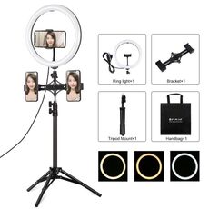 PULUZ 11,8 pollici 30 cm Luce + 1,1 m Supporto treppiede + Doppia staffa per telefono Superficie curva USB 3 modalità Dimmerabile Doppia temperatura colore LED Anello Vlogging Luce video Kit di trasmissione live con morsetto per telefono (nero)