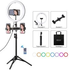 PULUZ 11,8 pollici 30 cm RGBW Light + 1.1m Treppiede Mount + Dual Telefono Staffe + Superficie curva RGB Dimmable LED Dimmable Temperatura Dual Color Temperatura LED Anello A Selfie Vlogging Video Light Live Broadcast Kit con scarpa fredda Treppiede testa