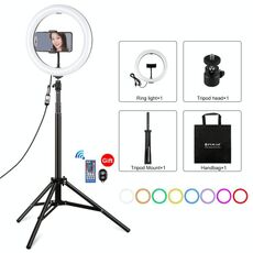 PULUZ Luce RGBW da 10,2 pollici 26 cm + 1,65 m Montaggio su treppiede Superficie curva USB RGBW Dimmerabile LED Anello Vlogging Luce video Kit di trasmissione live con scarpa fredda Testa a sfera treppiede, morsetto per telefono e telecomando (nero)