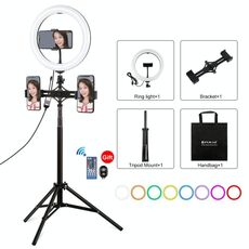 Pulluz 10.2 pollice 26 cm RGBW Light + 1.65m Treppiede Mount + Dual Phone Stacket Superficie curva Superficie USB RGBW Dimmable LED Ring Selfie Beauty Vlogging Video Light Light Kit di trasmissione in diretta con scarpa fredda Treppiede Treppiede Testa e